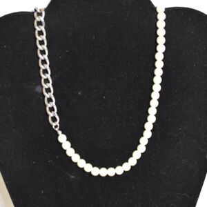 Unique Hard/Soft Faux Pearl Stainless Steel Cuban Link Chain 16" Grunge Necklace